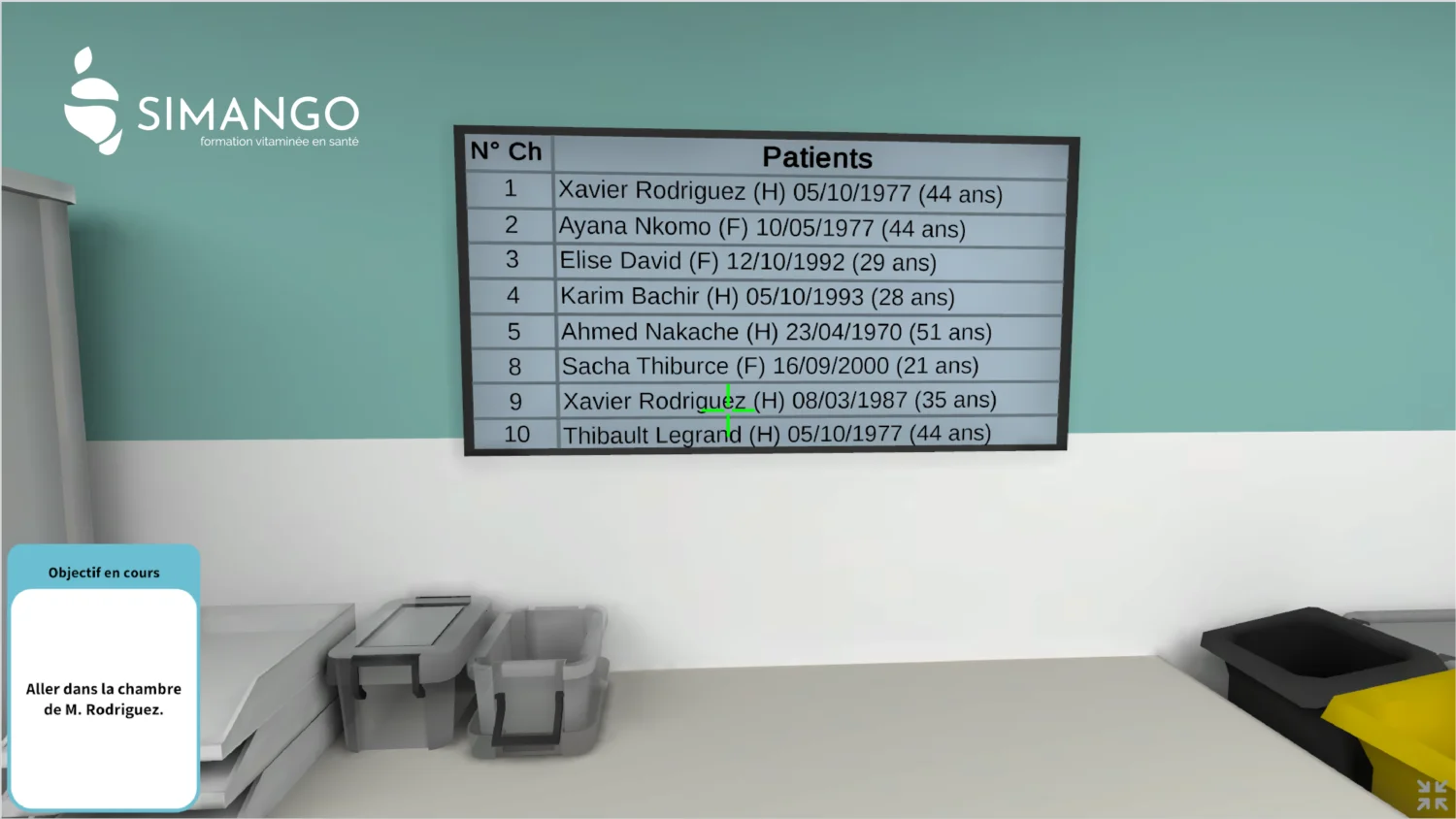 Tableau avec la liste des patients présents dans le service de de l'hôpital
