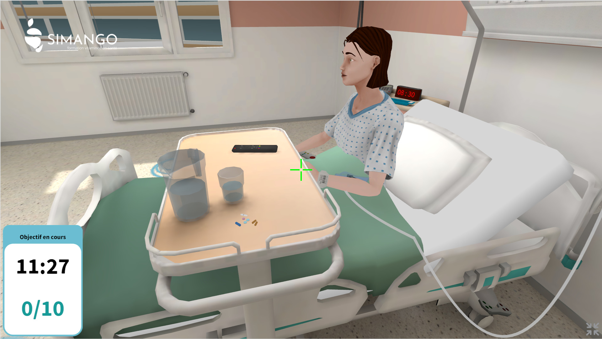 Immersion dans la chambre d’un patient assis sur un lit avec un plateau de médicaments