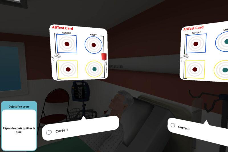 Immersion dans une chambre d'hôpital virtuelle, l'apprenant doit sélectionner la bonne carte CULM