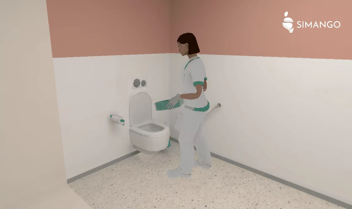En contexte d'apprentissage dans une chambre de patient, une professionnelle de santé évacue les excréta d'un patient dans les toilettes.
