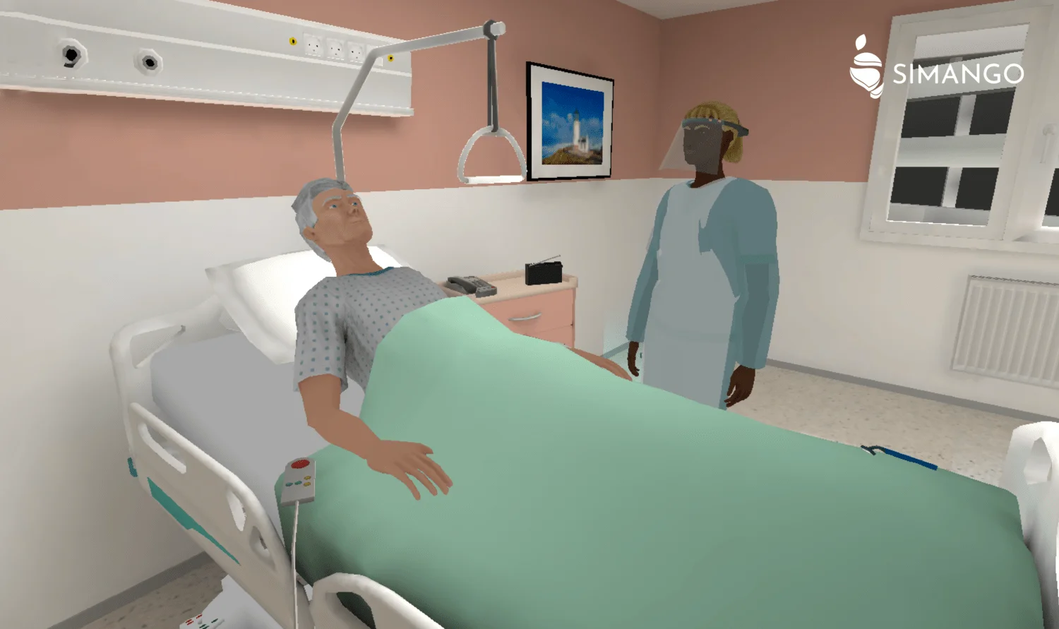 En situation de formation dans une chambre de patient, une professionnelle de santé prend en charge un patient