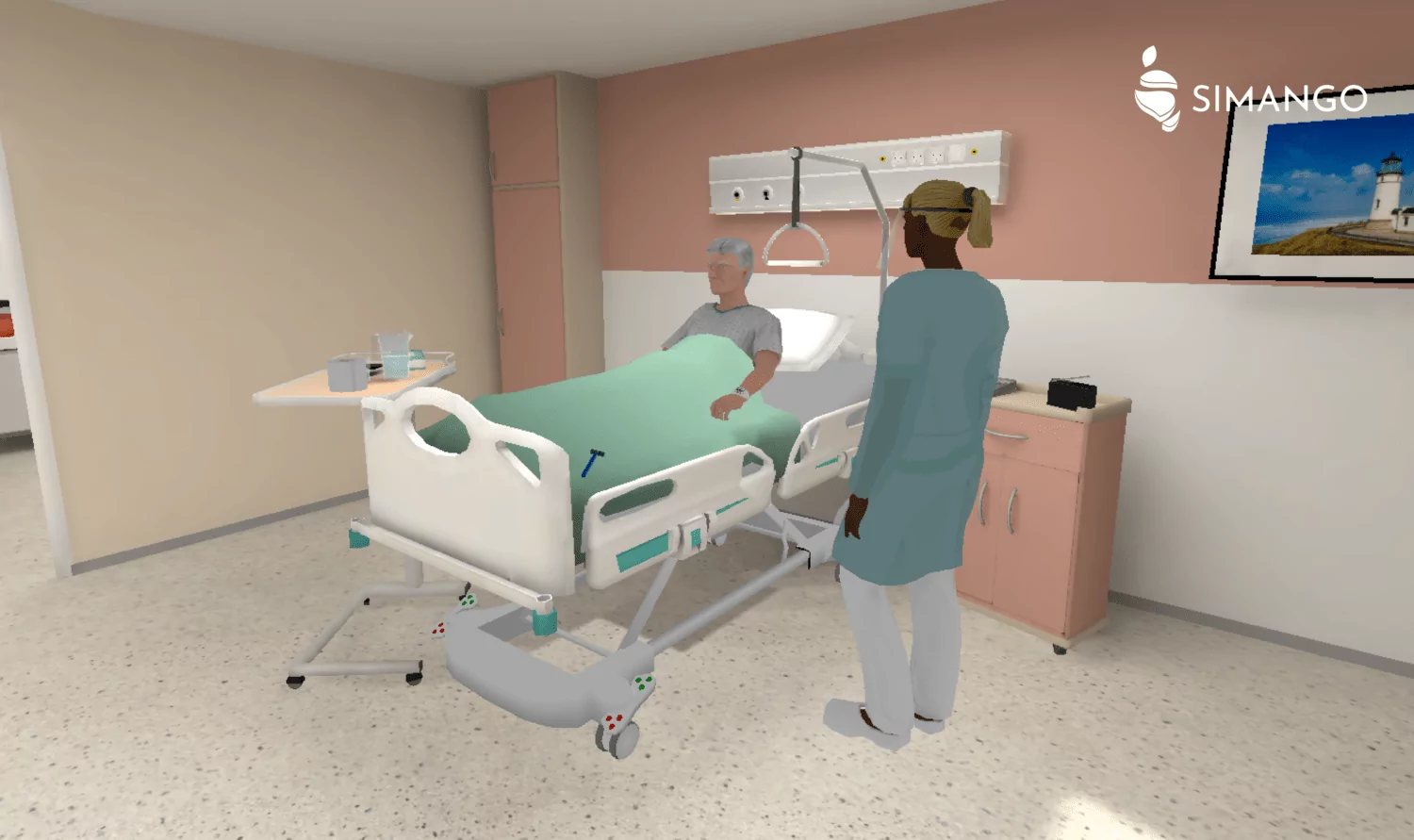 En situation de formation dans une chambre de patient, une professionnelle de santé prend en charge un patient