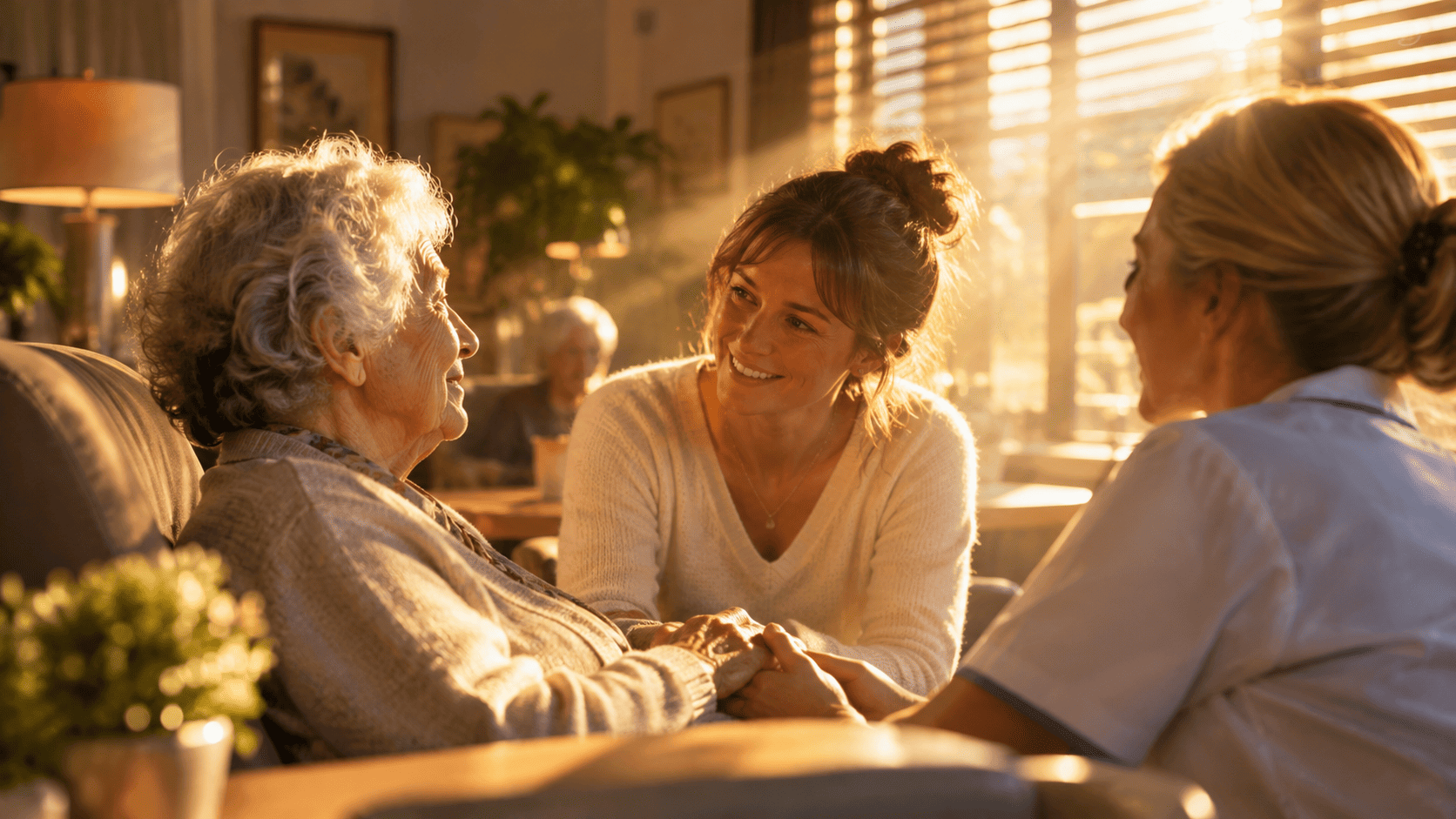 Personne âgée en EHPAD échangeant avec un proche et une soignante dans une pièce baignée de lumière, illustrant le maintien du lien familial et la communication entre les familles et les professionnels.